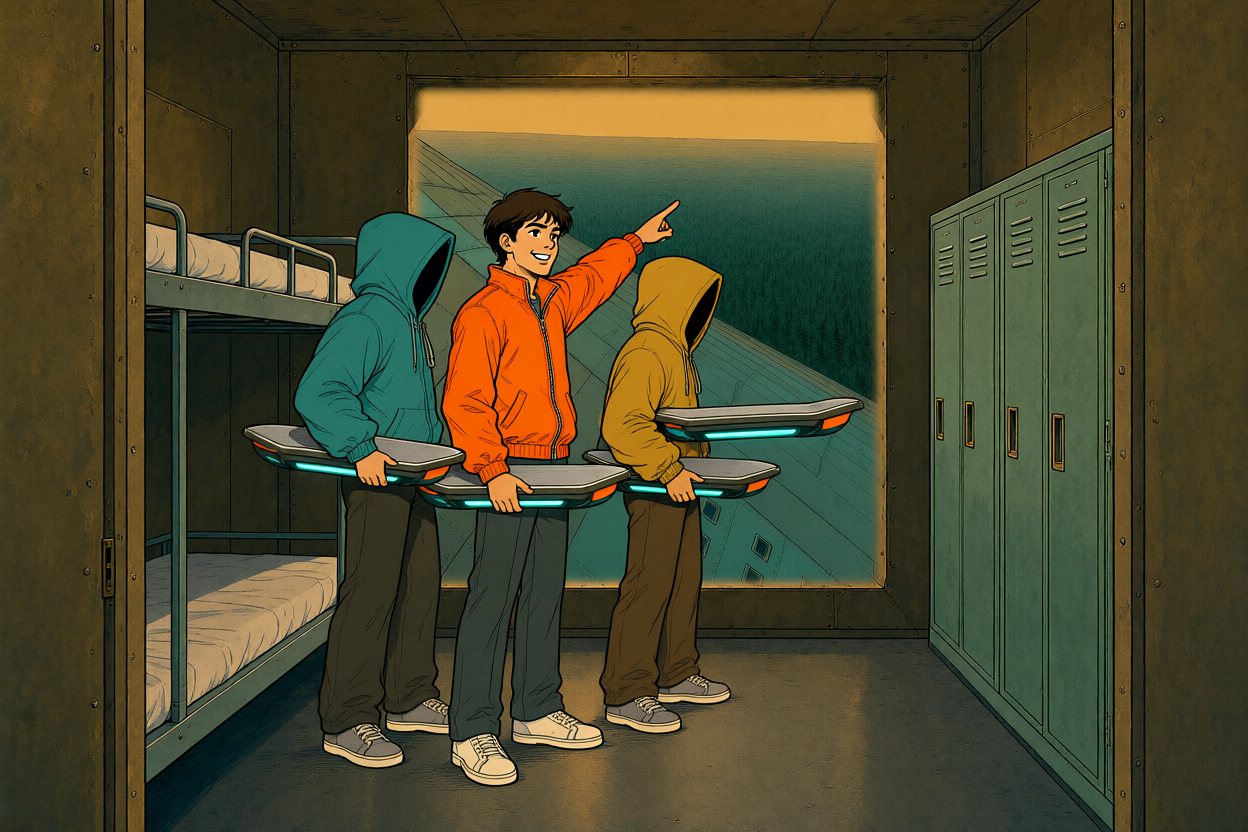 Inside, a room of bunks and lockers. A young man in orange points at the open window; two hooded friends hold their boards.