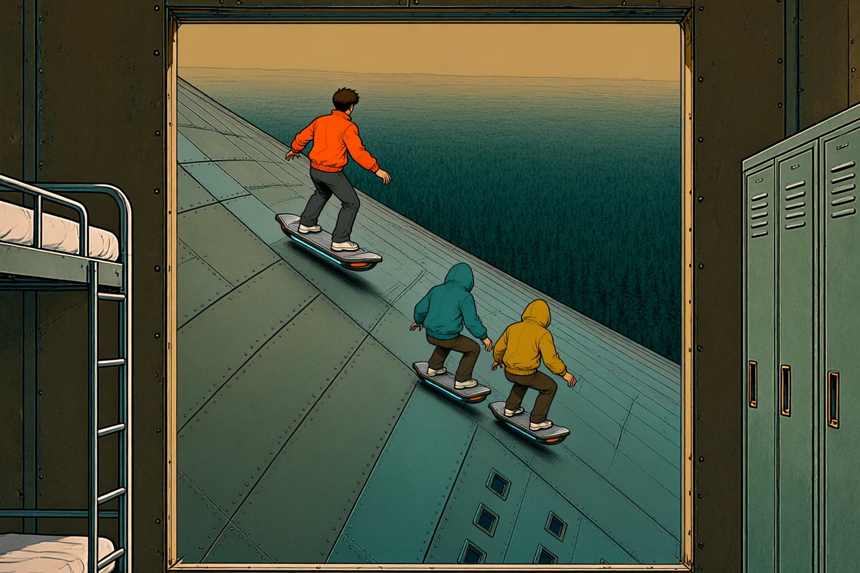 Out on the steep face below the window, he and his two friends ride down it on their boards.