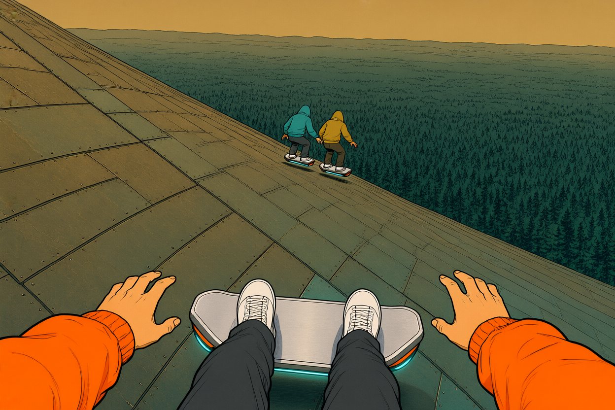 Through his own eyes: his feet on the board, his arms out, his friends ahead, the forest far below.