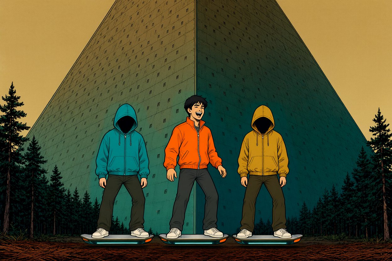 At the bottom, the three stand on their boards on the forest floor.