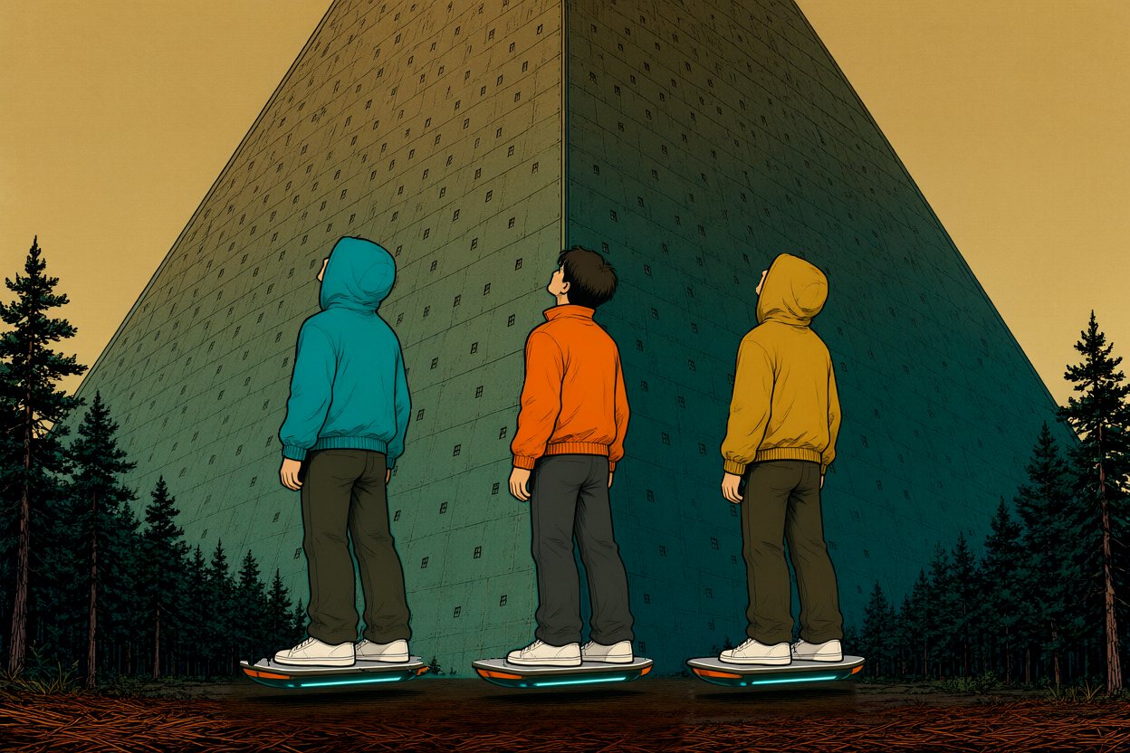 They turn to the pyramid and look up the face they came down.