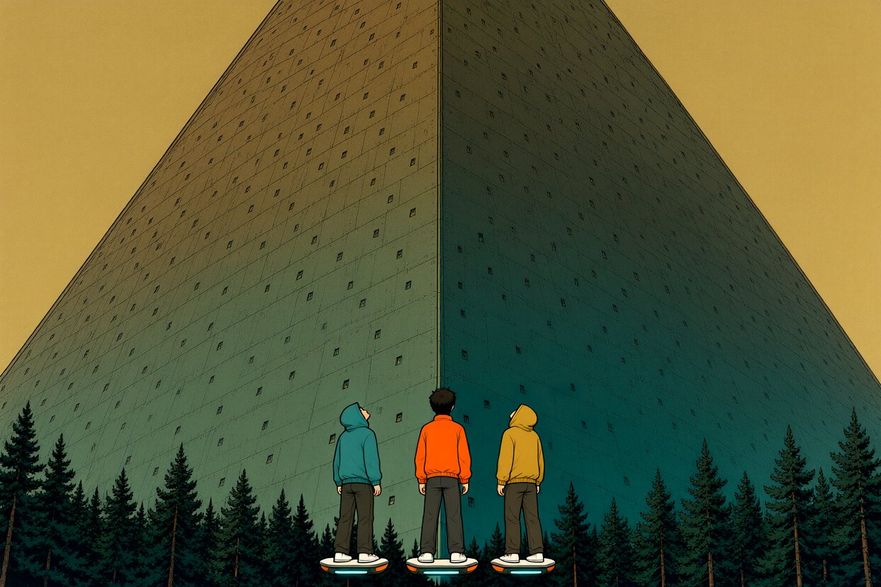 Three tiny figures at the foot of the pyramid; its top is lost above the picture.