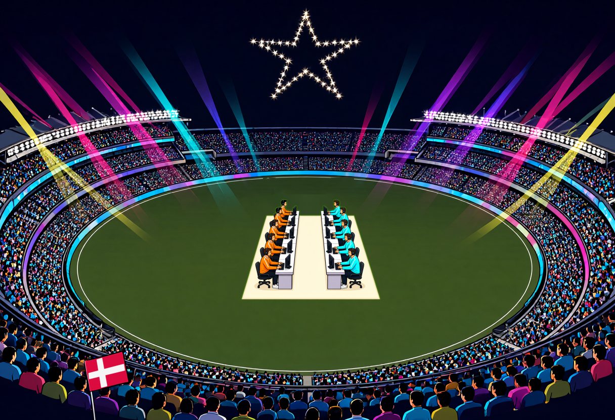 A huge stadium at night: packed stands, coloured light beams, a star of drones in the sky. In the middle of the field, one small stage: five players in orange face five in cyan, each at his own screen.