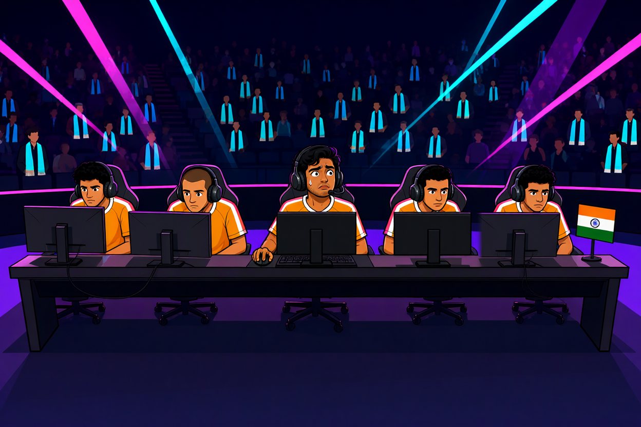 The orange team, five players, each at his own computer. In the middle, a young man in a headset, sweating, his eyes sliding sideways.