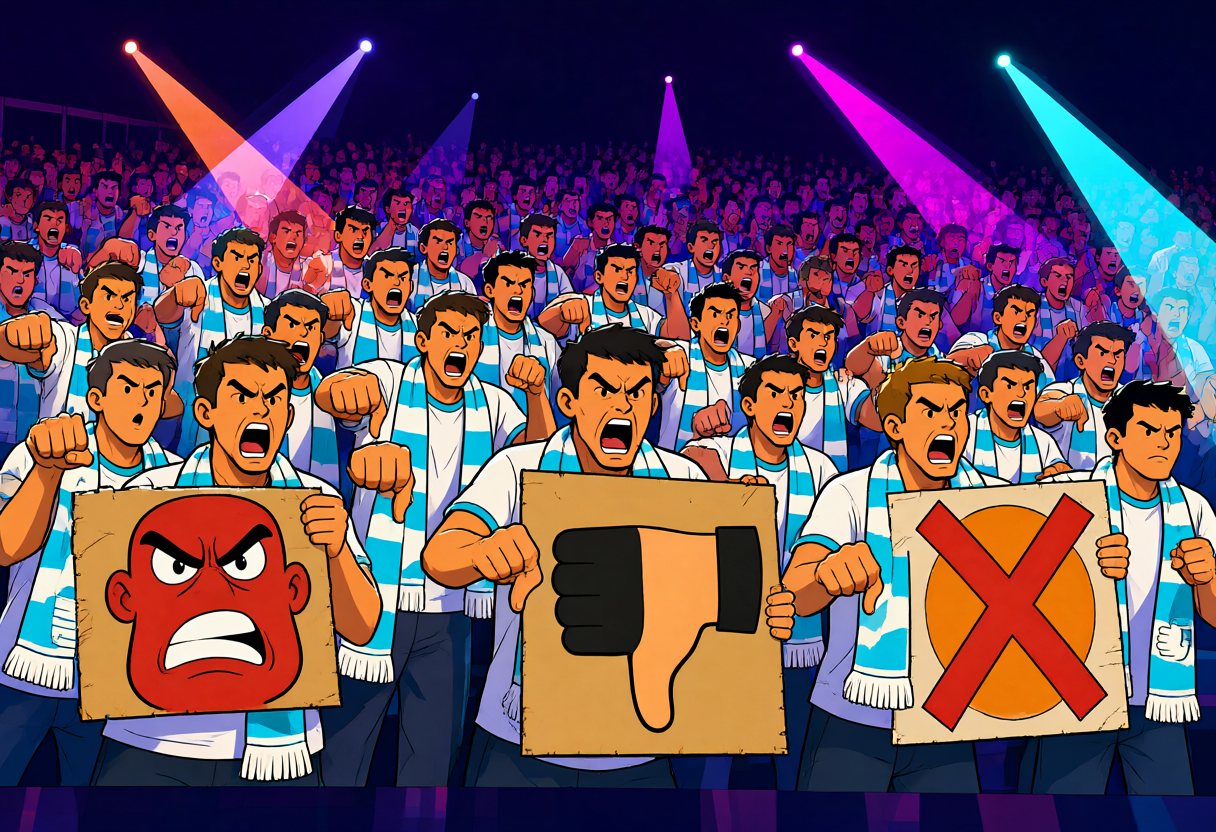 The stands: fans in cyan-and-white scarves scowl and boo with thumbs down, holding up posters of an angry face, a thumbs-down and an X over an orange circle.