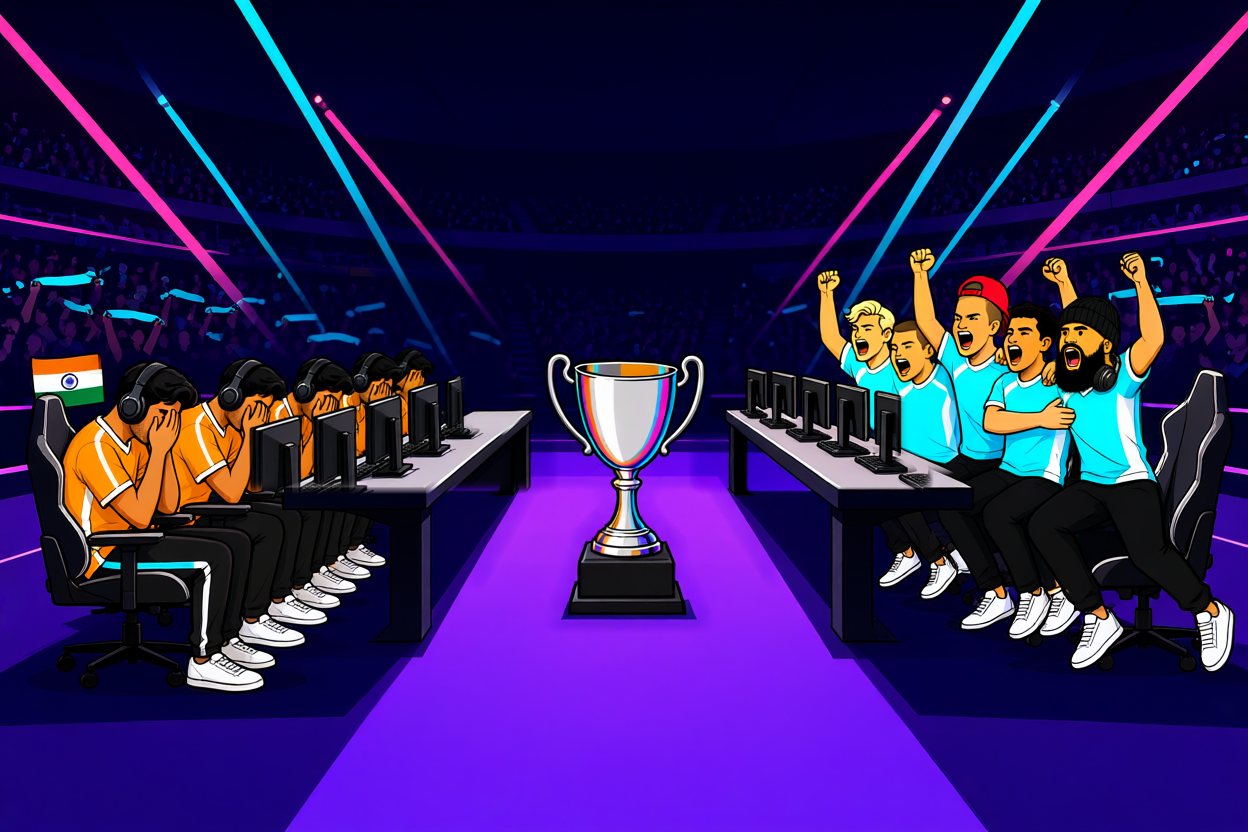 The stage, five a side, each player at his own computer: the orange team slumps, hands over their faces; the cyan team cheers from their chairs, fists high, among them a player in a backwards red cap and a bearded one in a black beanie. A silver trophy stands between them.