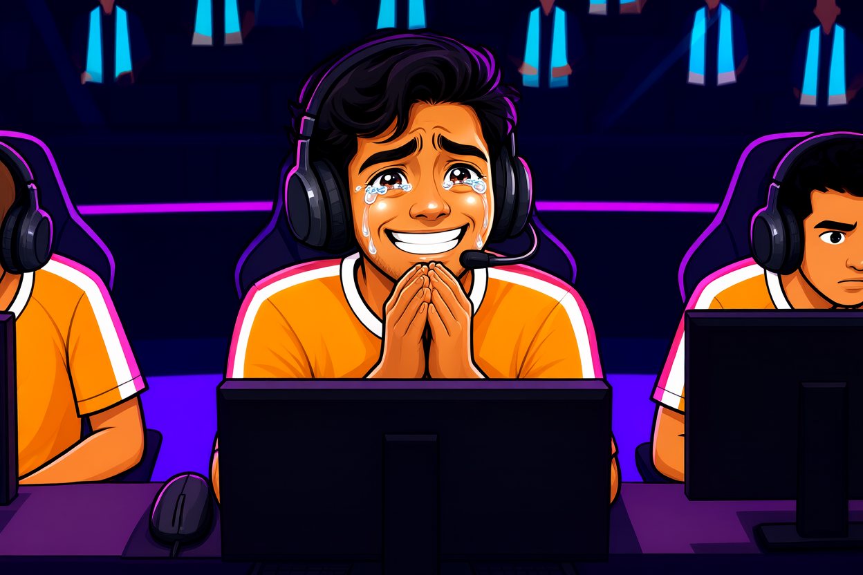 The young man in orange at his computer: tears of joy, hands clasped under his chin.