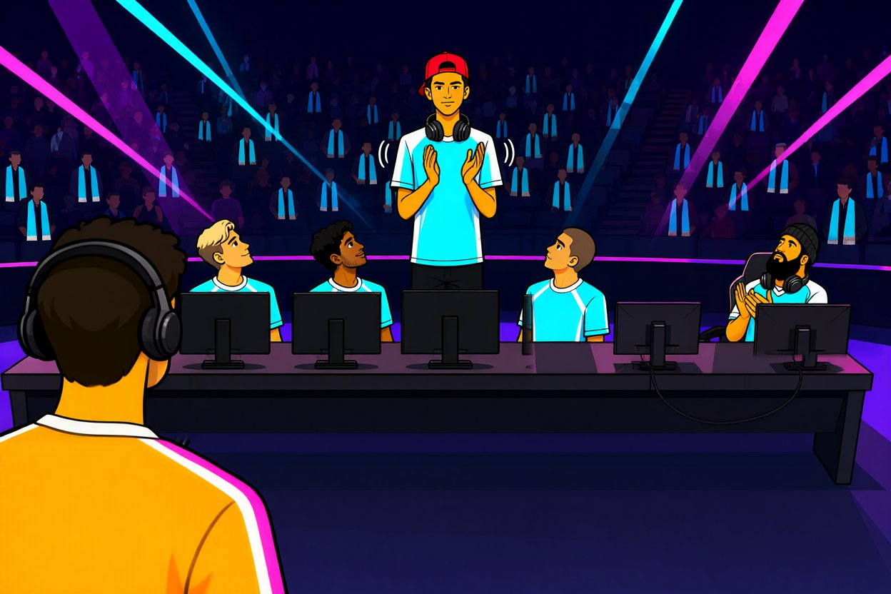 Across the desks, the rival player in the backwards red cap stands up alone at his computer and applauds; three teammates look up at him, and the bearded one in the beanie applauds too.
