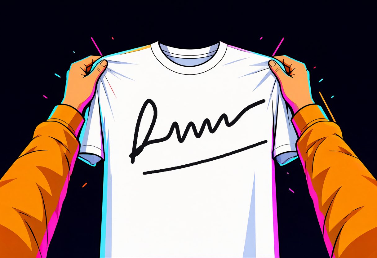 Out of the dark: a white t-shirt held up in two orange sleeves, a black marker autograph across its chest.
