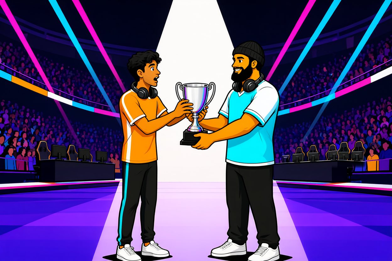 In a white spotlight, the bearded rival leader in a beanie hands the silver trophy to the young man in orange.