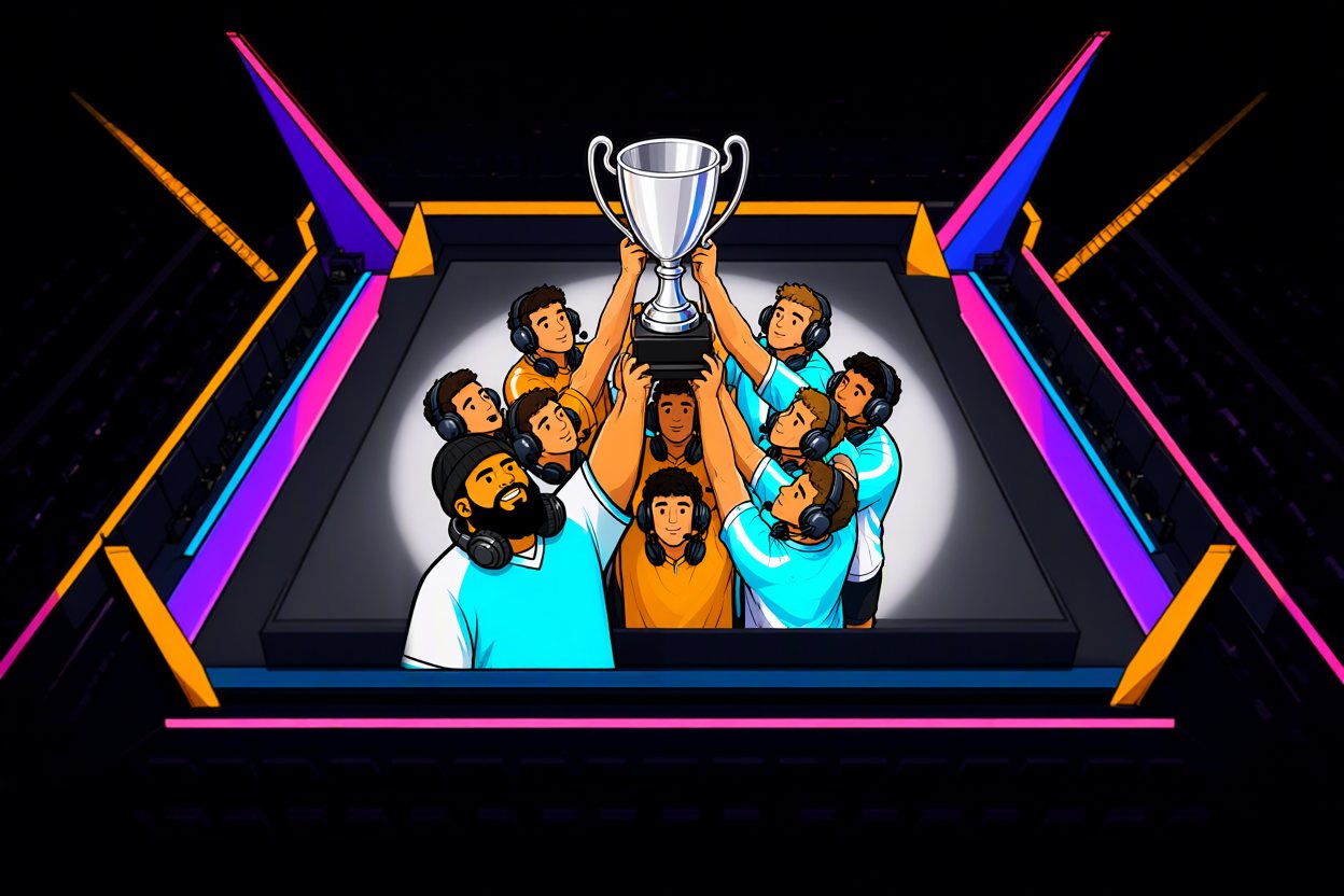 From high above, in the dark: players in orange and in cyan, the bearded man in the beanie among them, together lift the one silver trophy in a pool of white light.