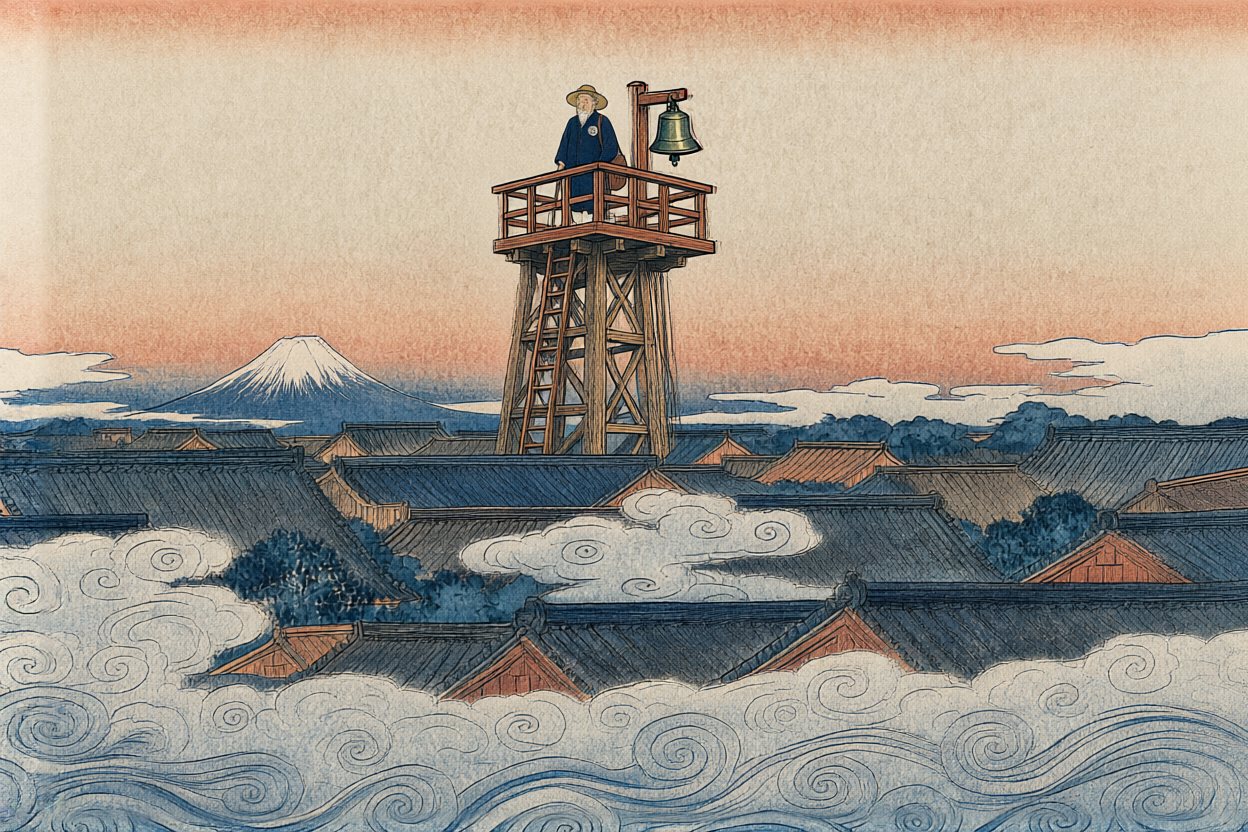 Dawn over the rooftops. On top of the fire-watch tower, an old postman waits, his satchel empty.