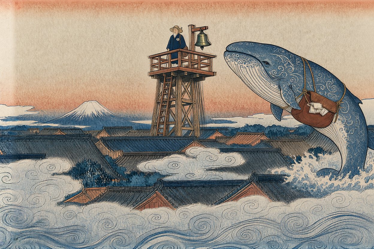 A whale leaps out of the sea of clouds — as big as the tower, with a mailbag strapped to its side.