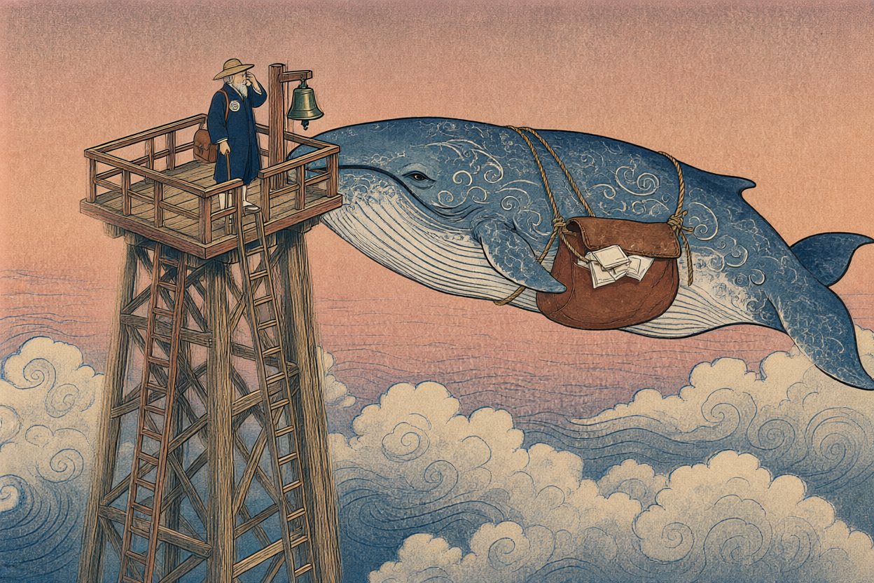 It swims right up to the tower and stops beside him.