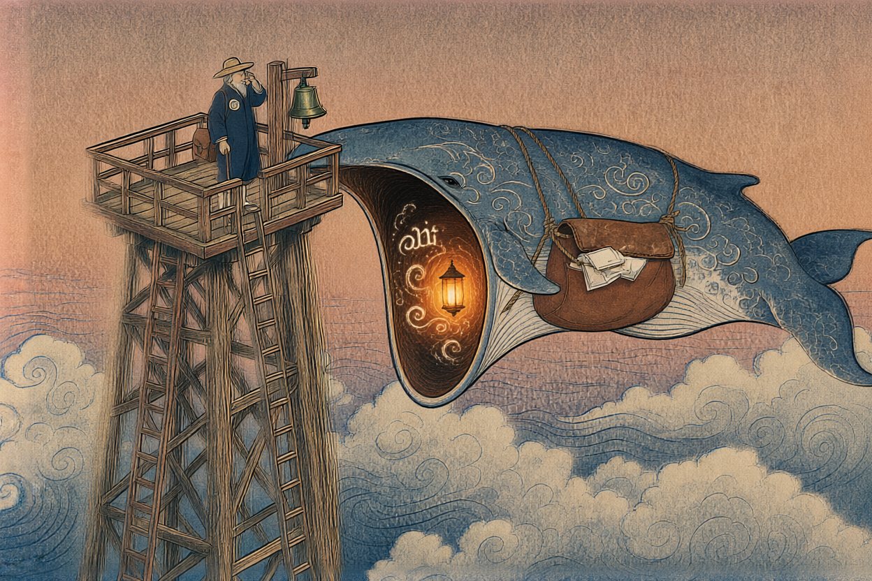 It opens its mouth. Inside, a lantern is lit.