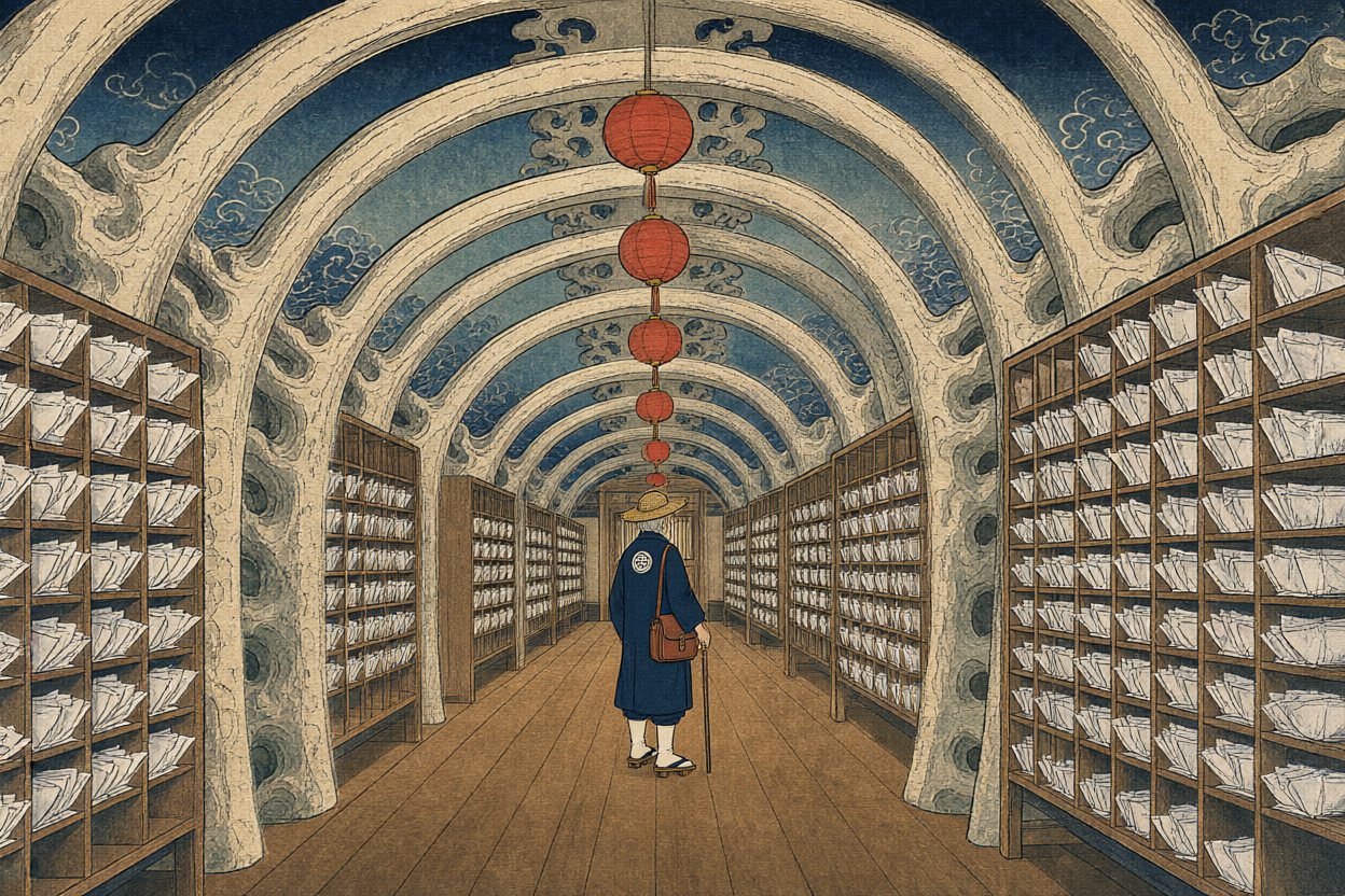 Inside the whale is a post office: a hall of ribs and lanterns and letters — more letters than anyone could ever deliver.
