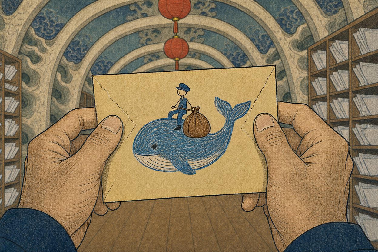An old envelope. On the front, a child has drawn a whale.