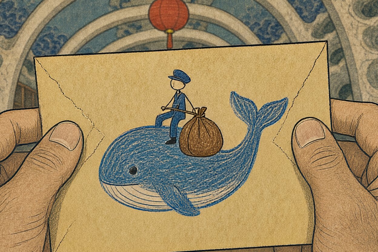 He looks closer: the whale is carrying the mail — and there is a tiny postman riding on its back.