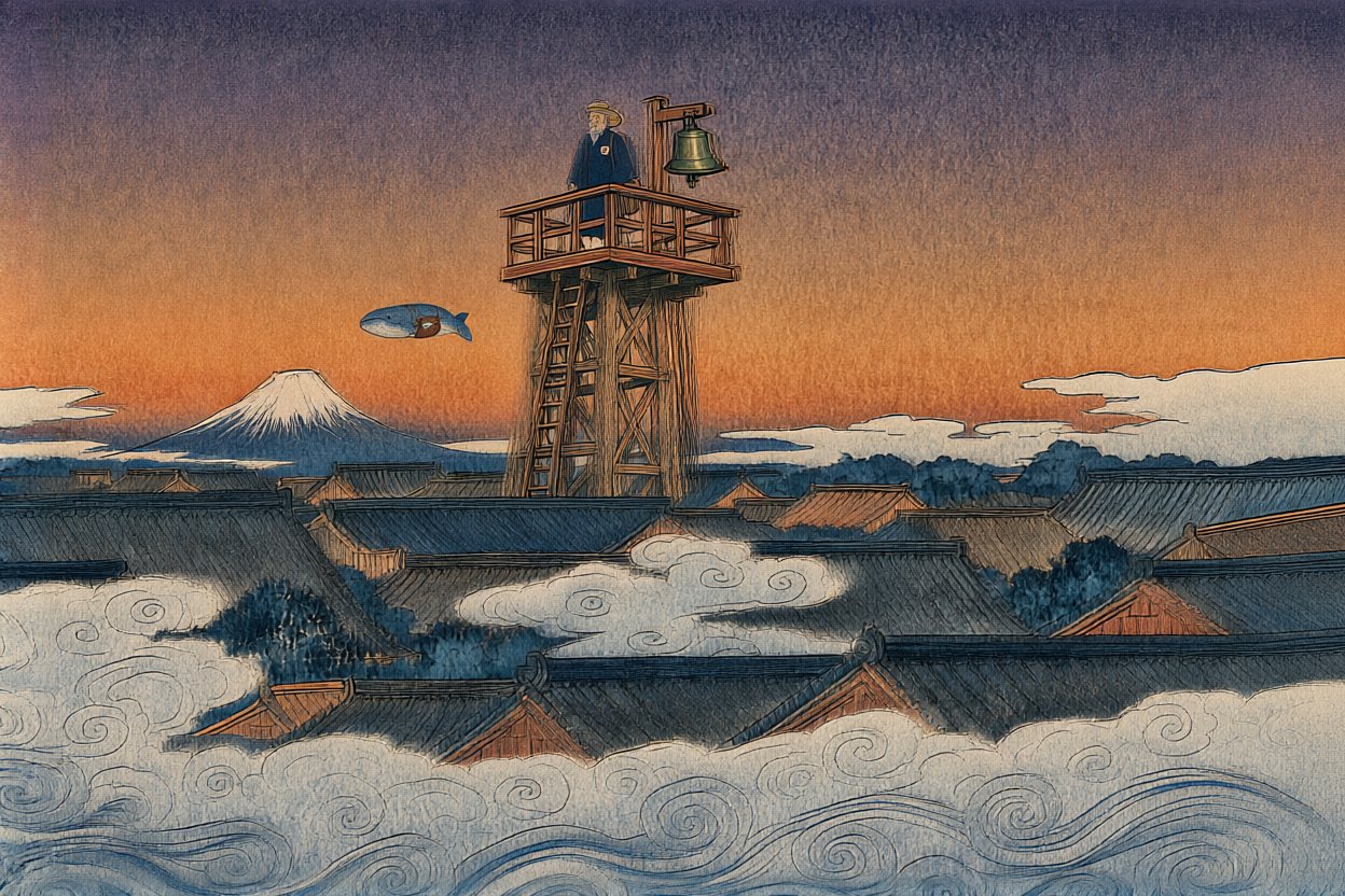 Dusk. He is back on the tower. Far away, the whale swims on.