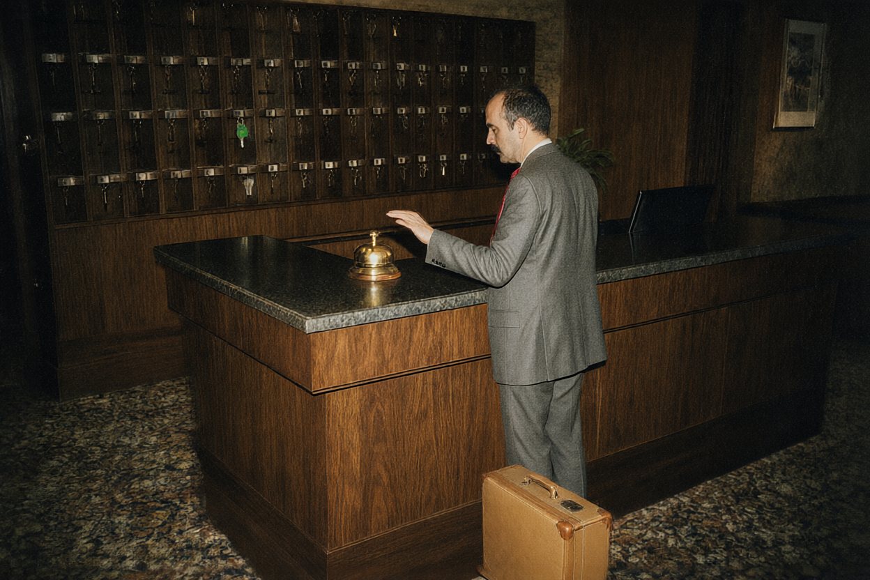 Past midnight. A man with a suitcase arrives at a hotel. There is no one at the desk.
