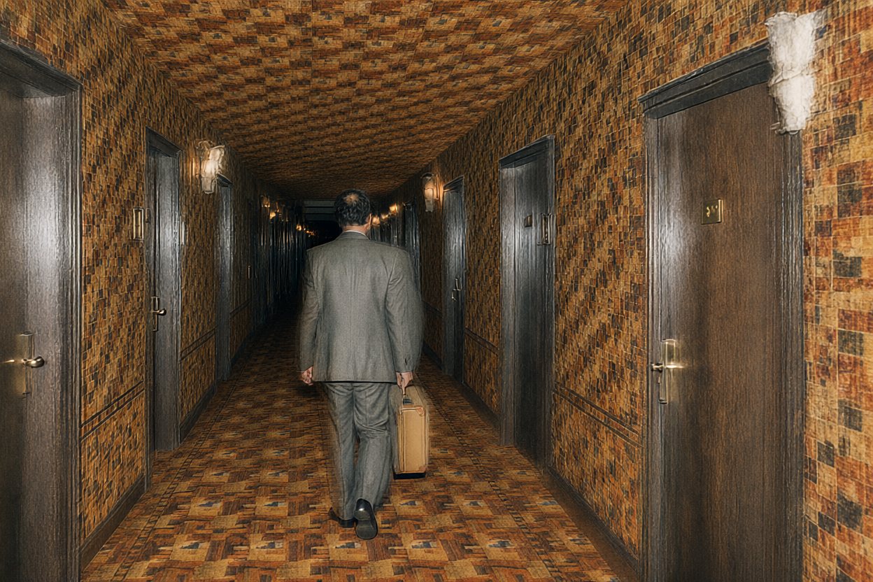 He keeps walking. The carpet has climbed the walls and covered the ceiling.