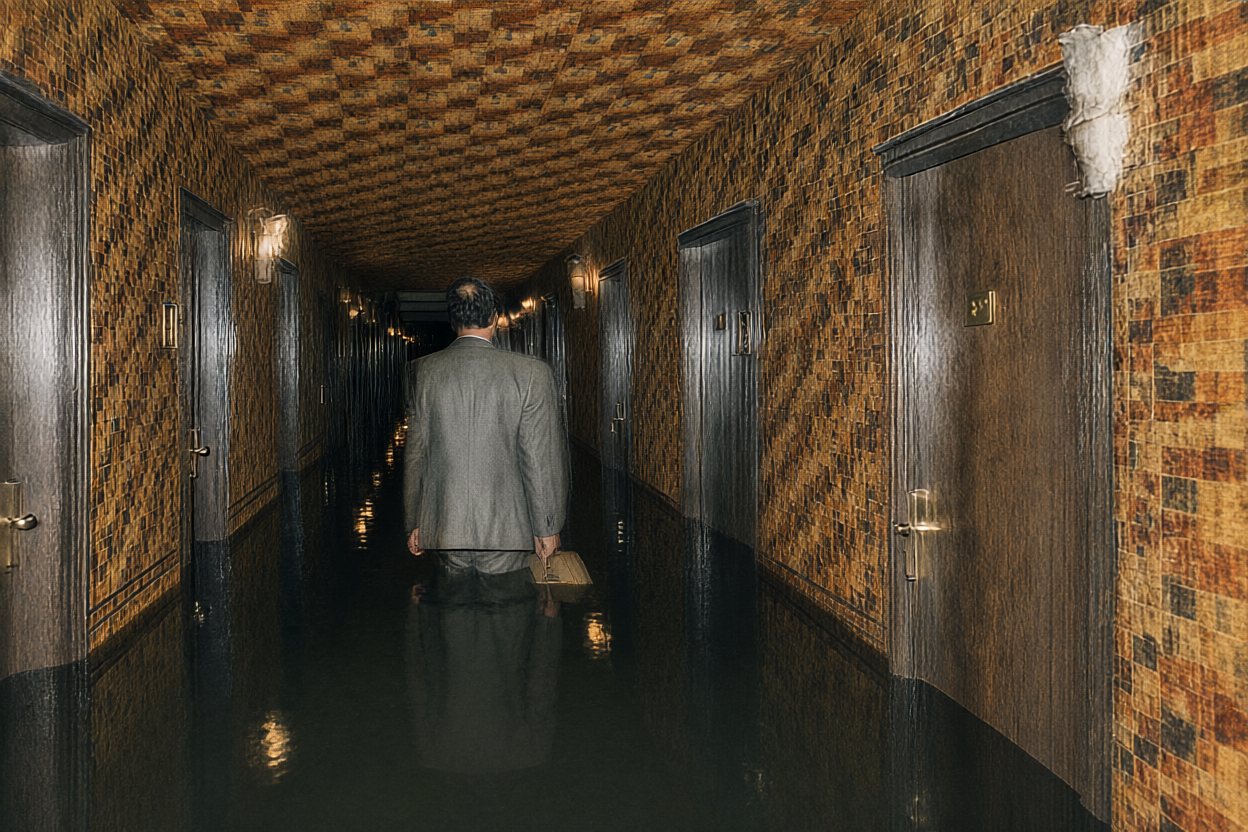 Waist deep. His suitcase floats beside him. He keeps walking.