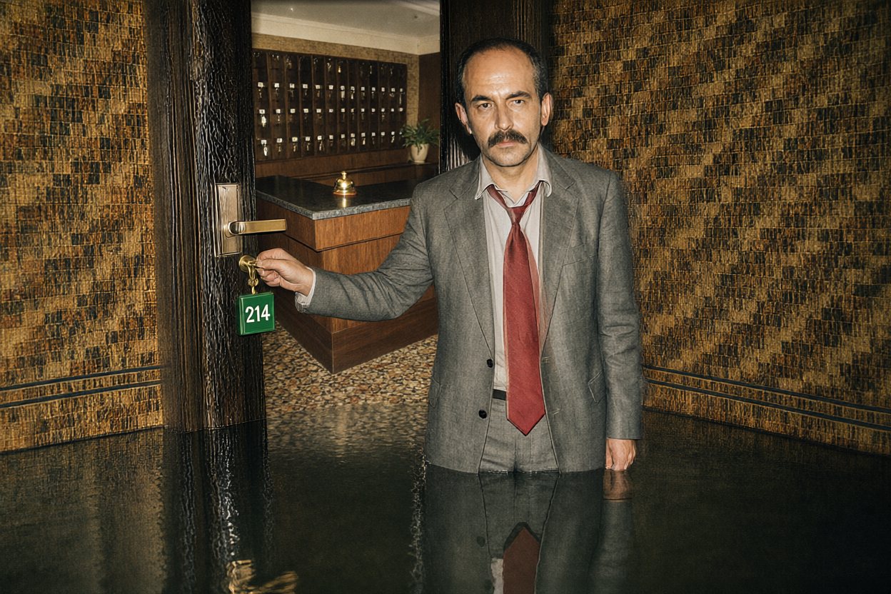 The door swings open. Behind it is not a room: it is the lobby he started in — and it is perfectly dry.