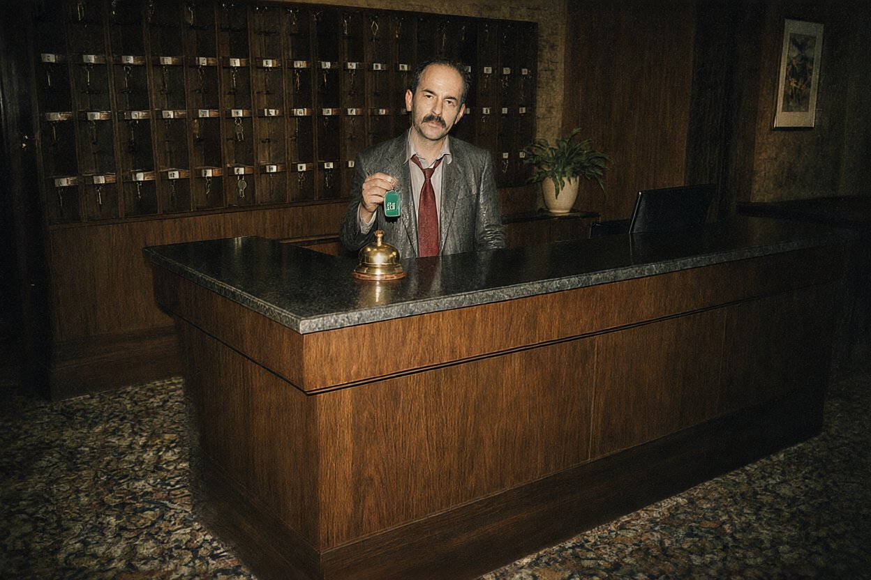Now he is the one behind the desk: soaking wet, holding the key.