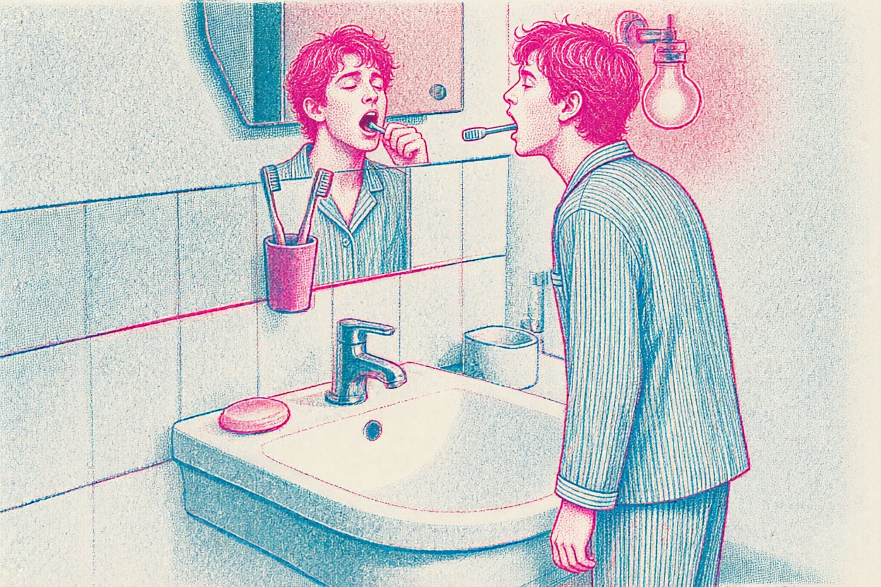 Late at night, he is brushing his teeth.