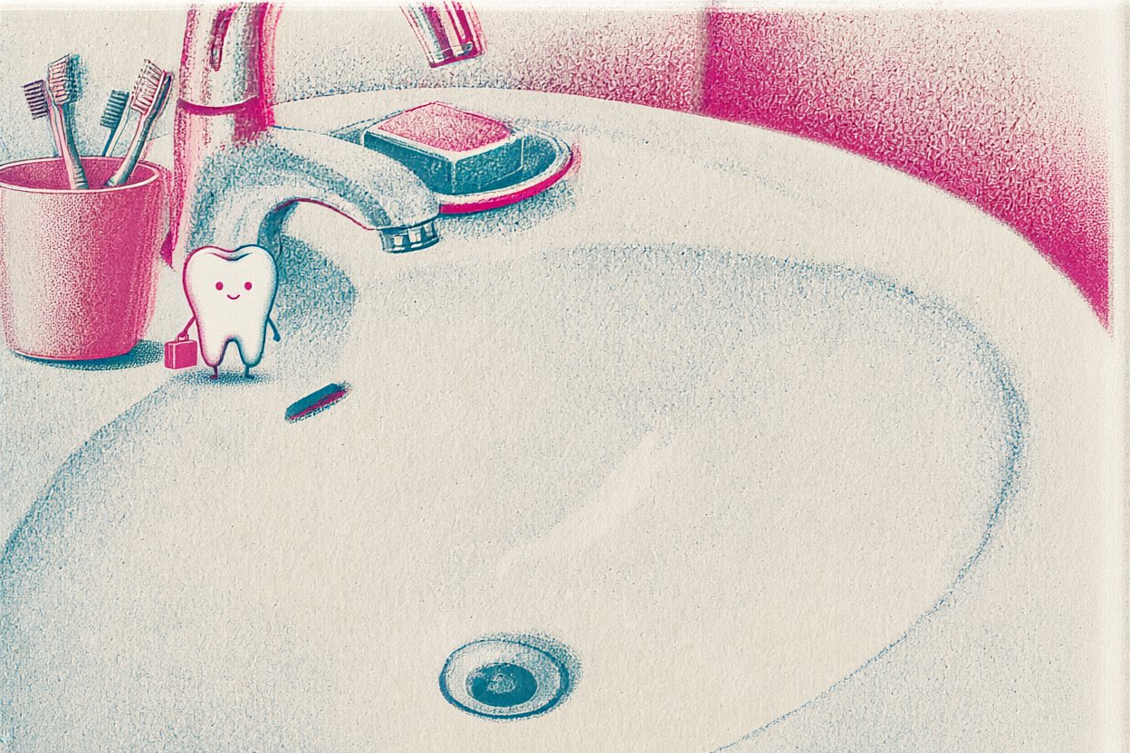 On the edge of the sink stands one of his teeth. It has packed a suitcase.
