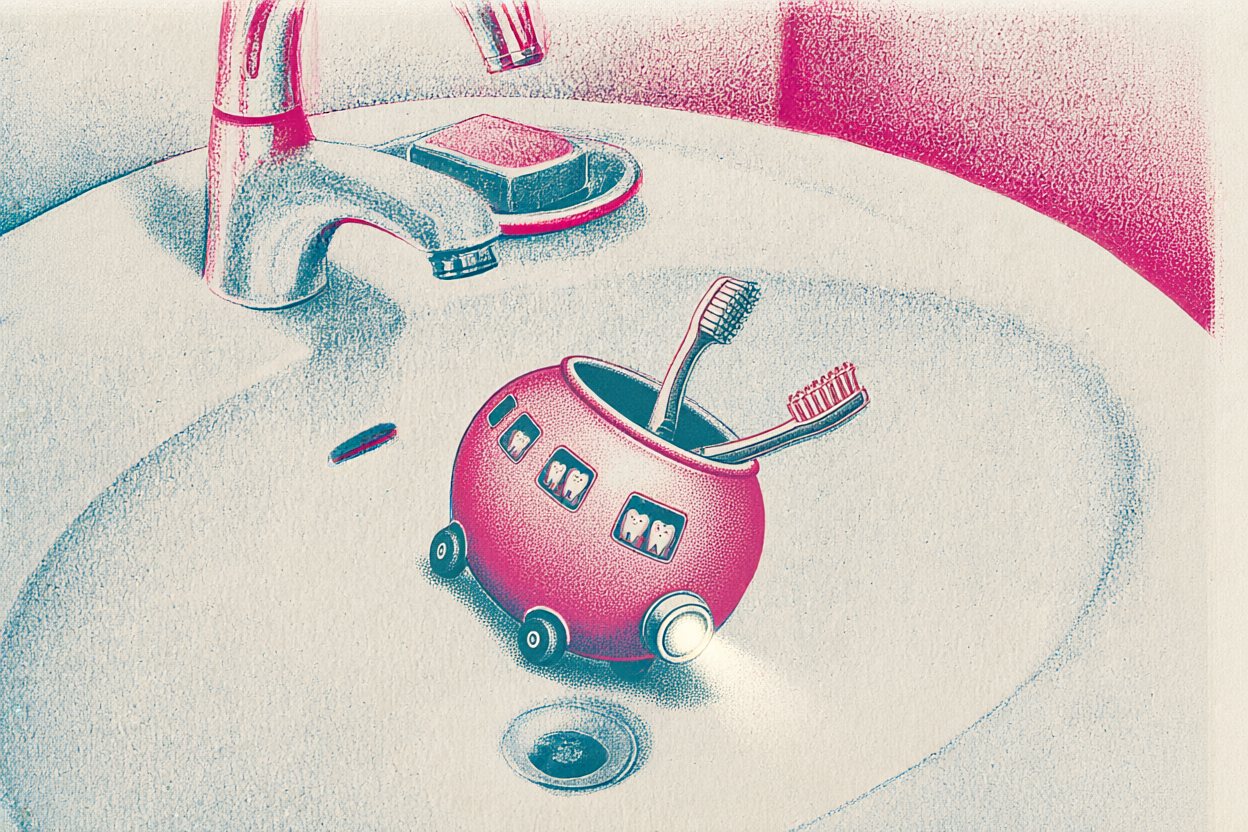 The bus drives down into the sink, headlights on.