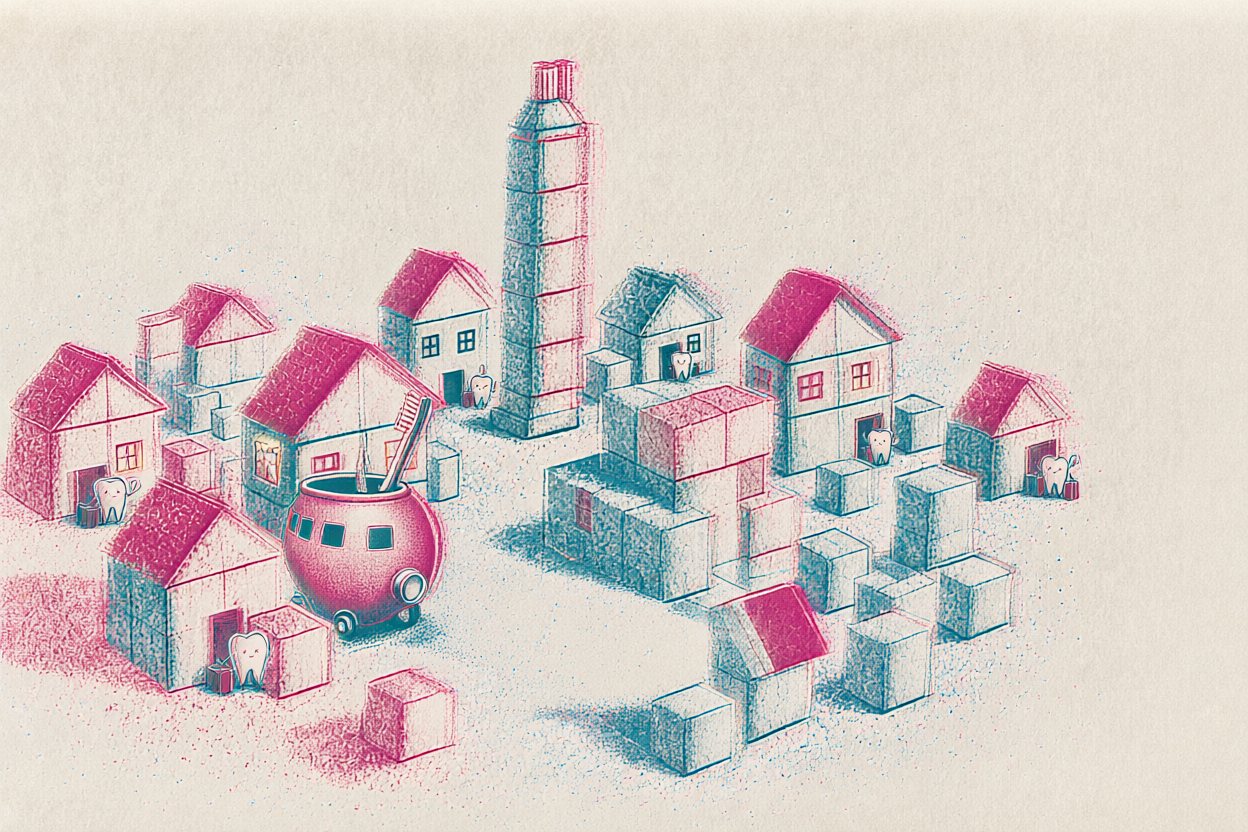 Every tooth moves into a house of its own. The street is empty.