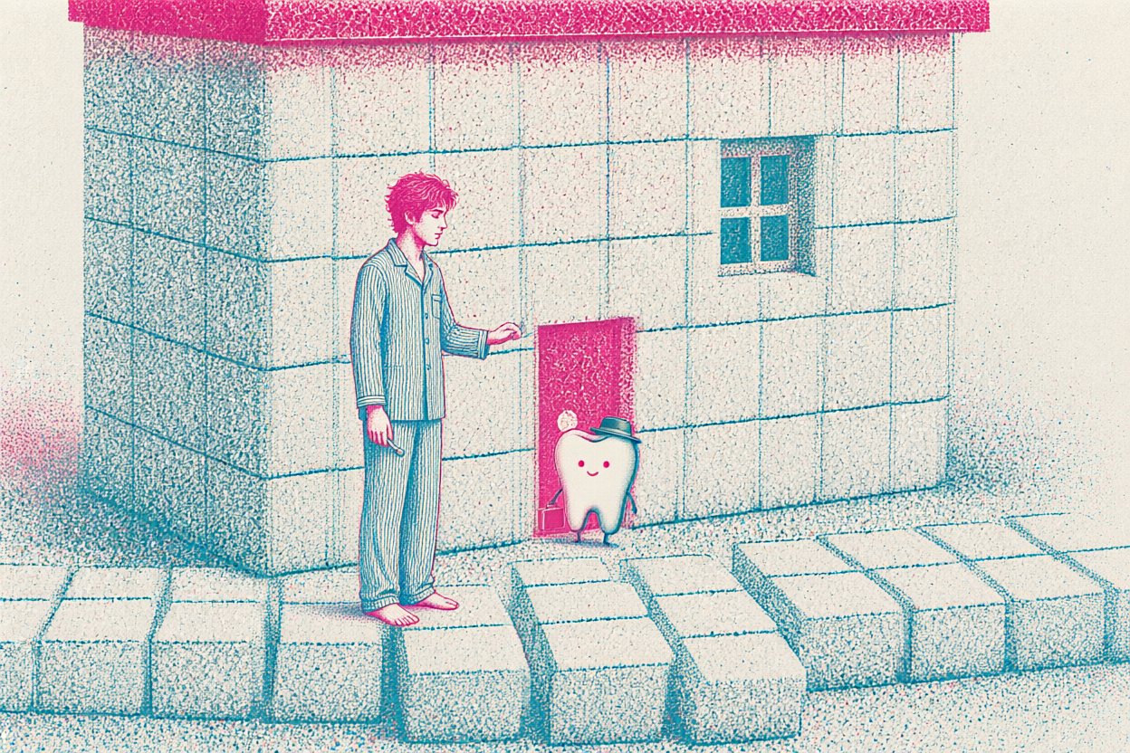 He knocks on a little pink door. A tooth in a hat answers.
