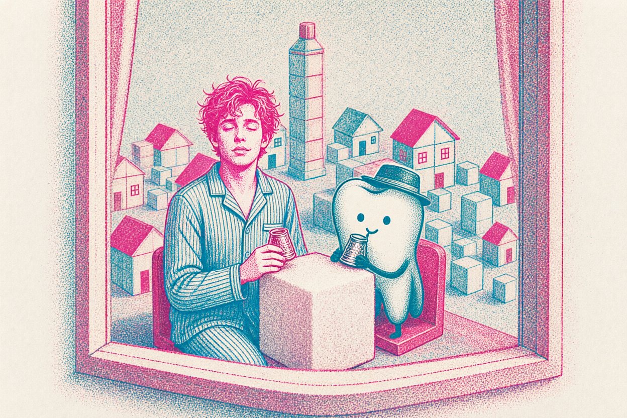 It invites him in for tea, served in thimbles.