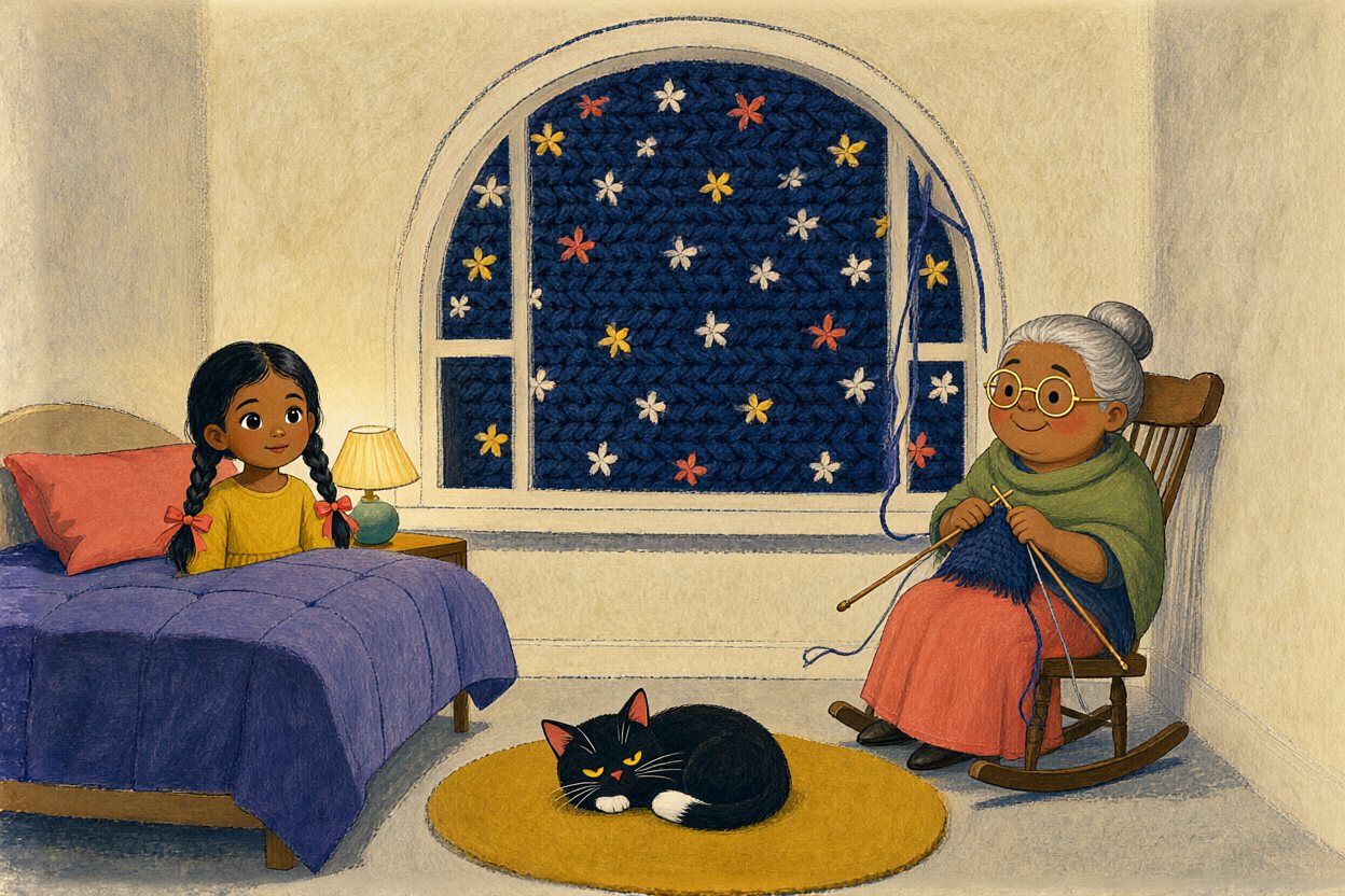 Every night, Nani knits the night for Asha's window, one row at a time.