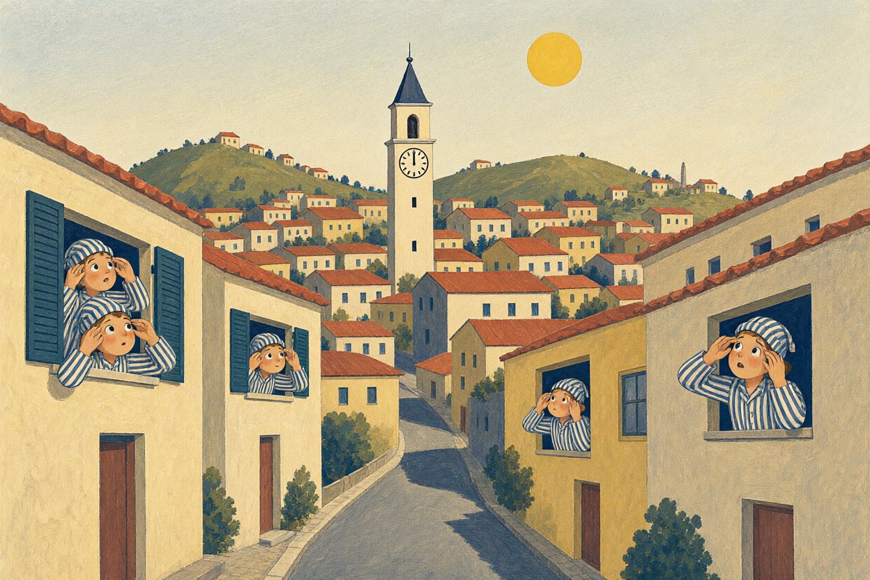 Outside, the whole town wakes up at midnight and squints at the sun.