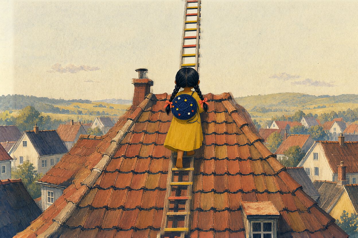 She carries it up onto the roof, where a ladder goes up into the sky.