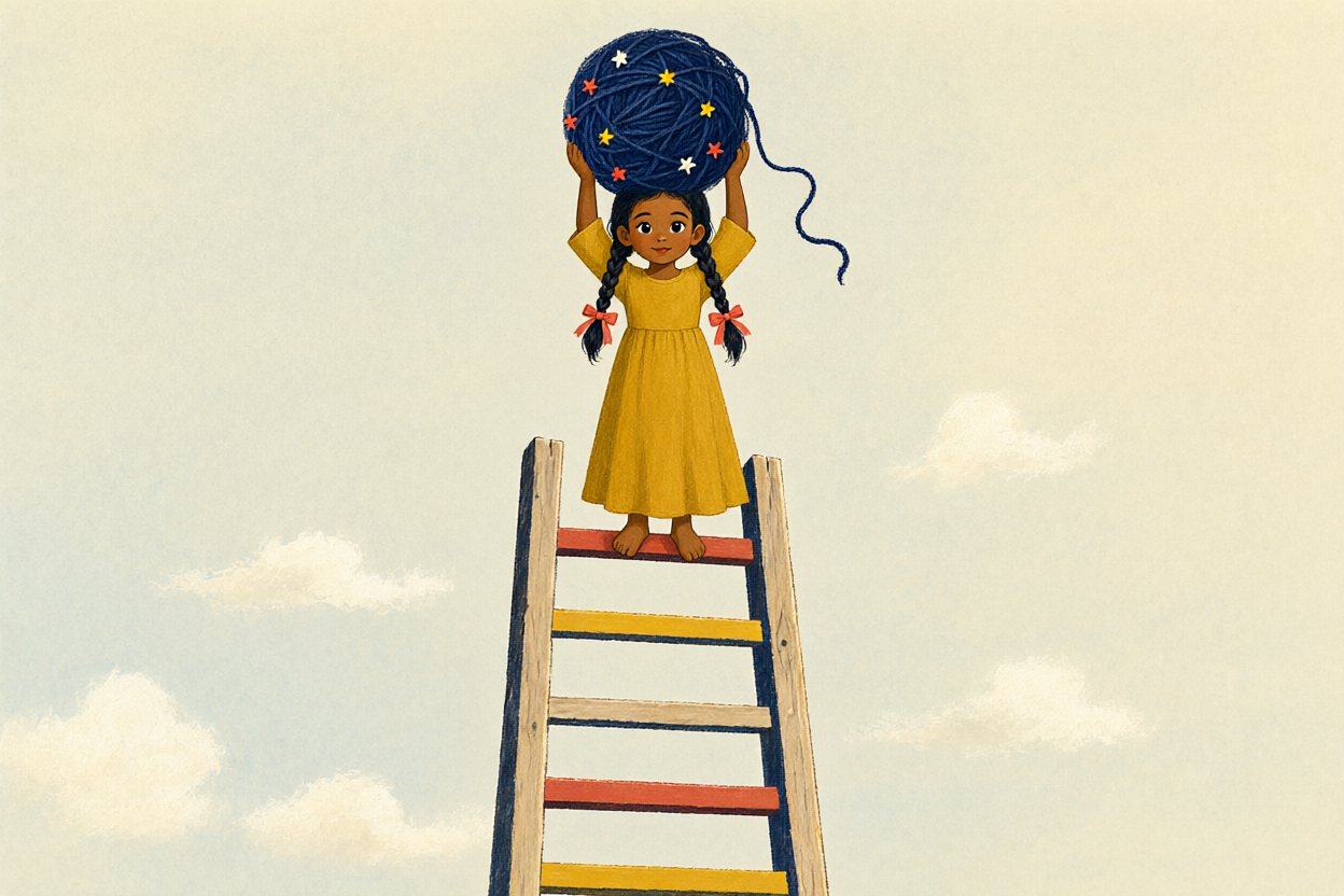 At the very top, she lifts the ball of night over her head.