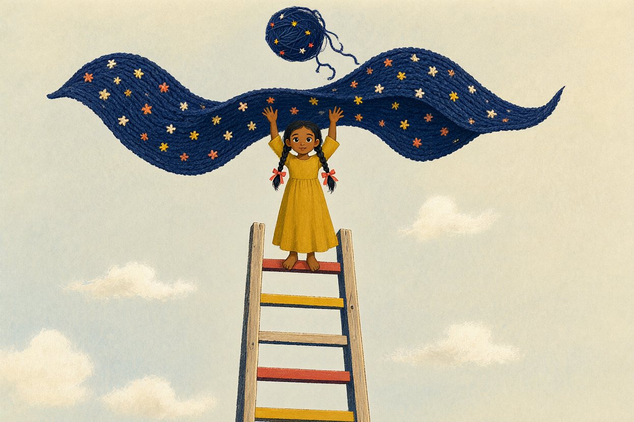 She throws it — and the night unrolls across the sky.