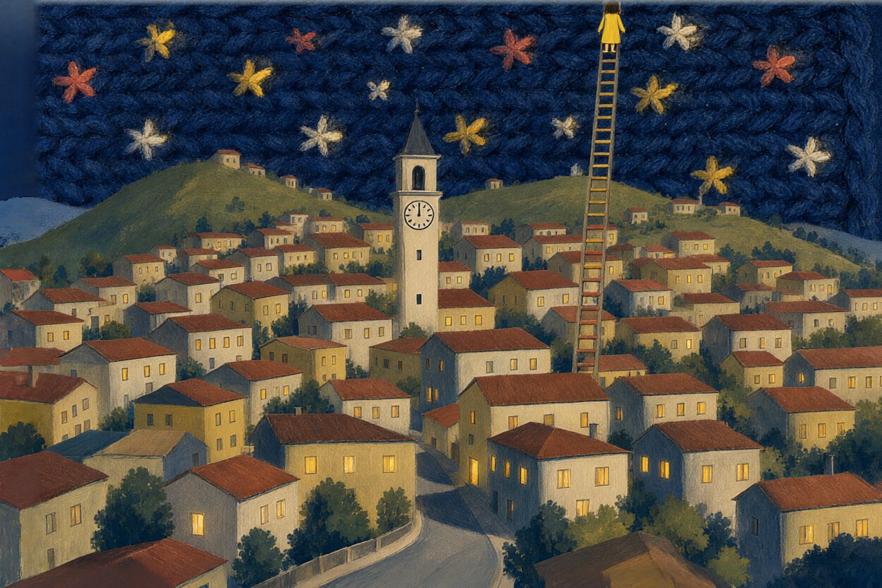 Night again. The stars are back. The town goes back to bed.