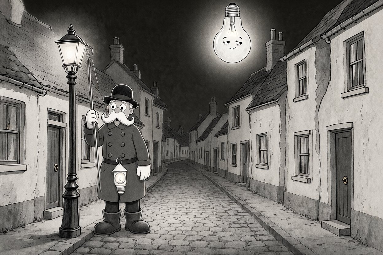 Night. The lamplighter stands by his lit streetlamp. In the sky hangs the moon: a giant lightbulb with a sleepy face.
