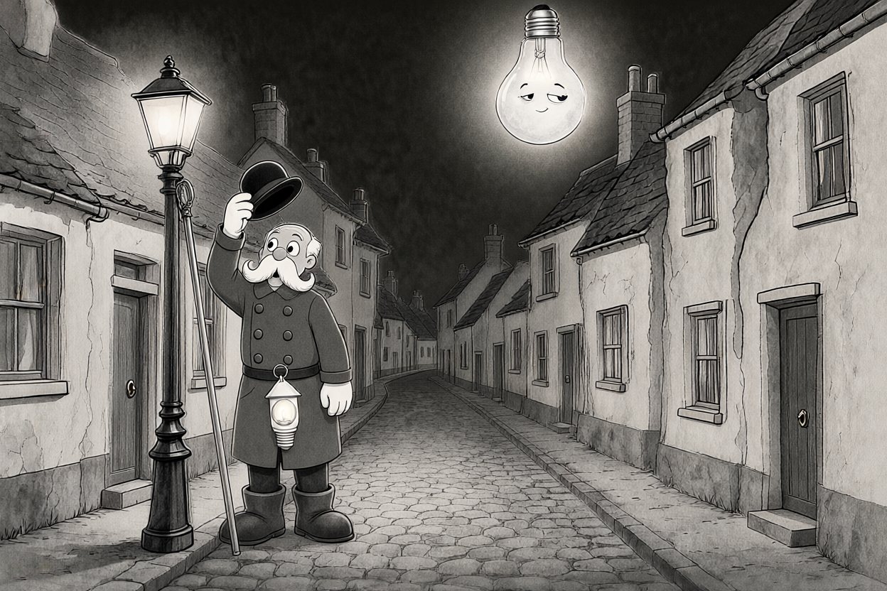 He tips his hat to the moon.