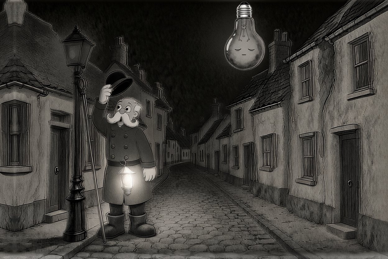 The moon goes out, sooty and dark, and so does the streetlamp. Only the lantern at his belt still glows.
