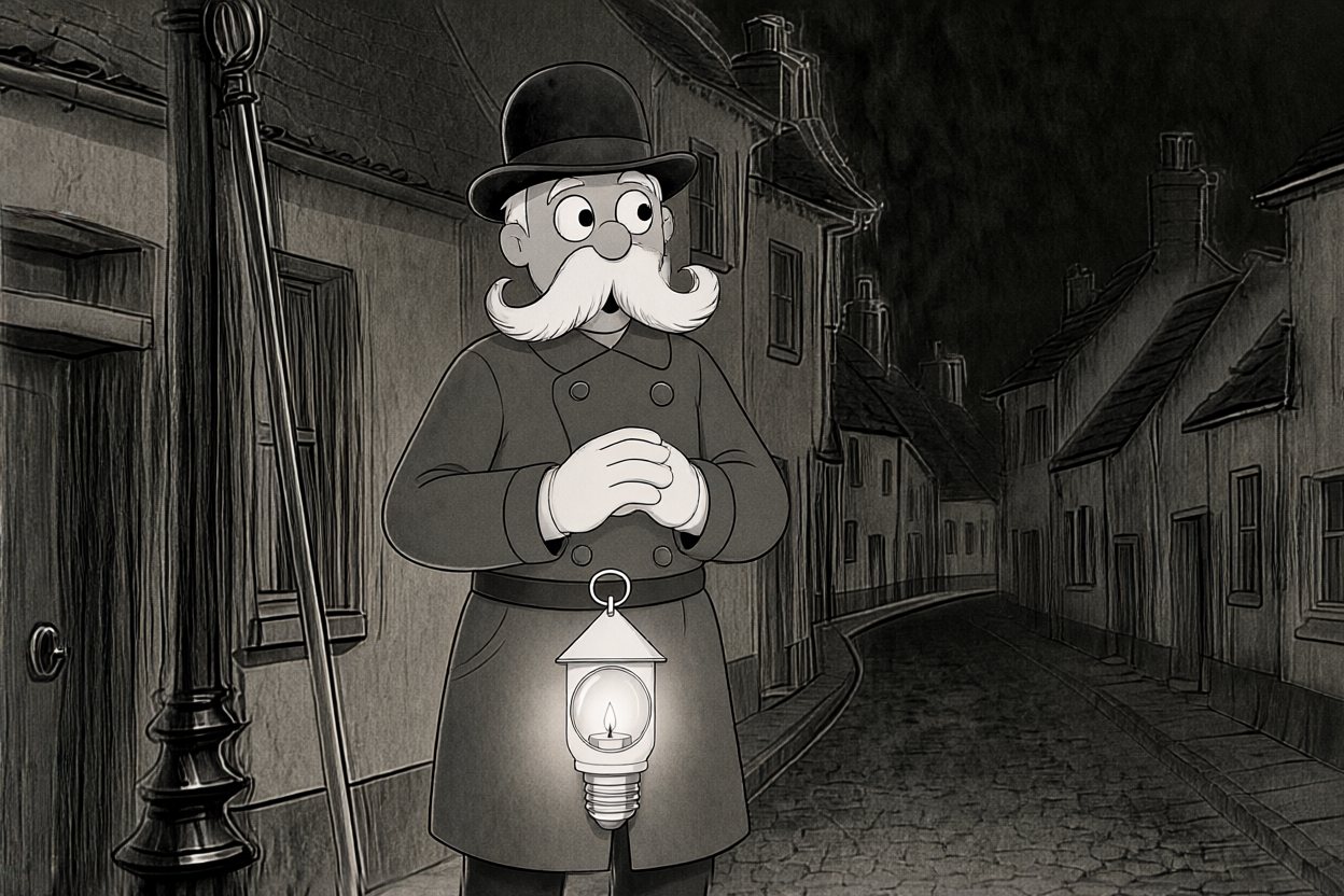 He looks up, worried. At his belt hangs his lantern, a screw thread under its base.