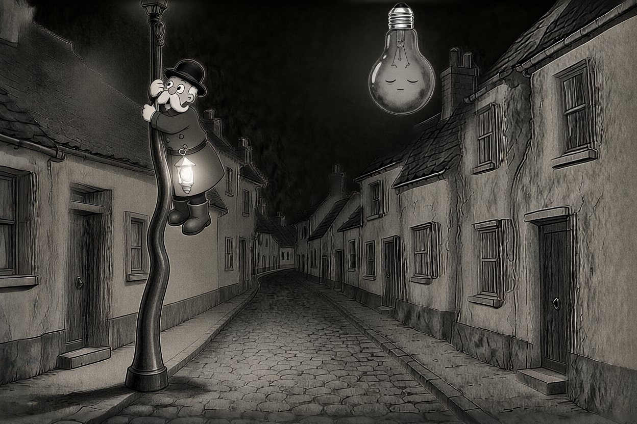 The lamppost stretches up like rubber, carrying him into the dark.