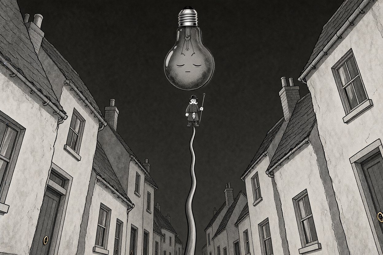 From the street below: a thin rubber line, and him, tiny, near the moon.
