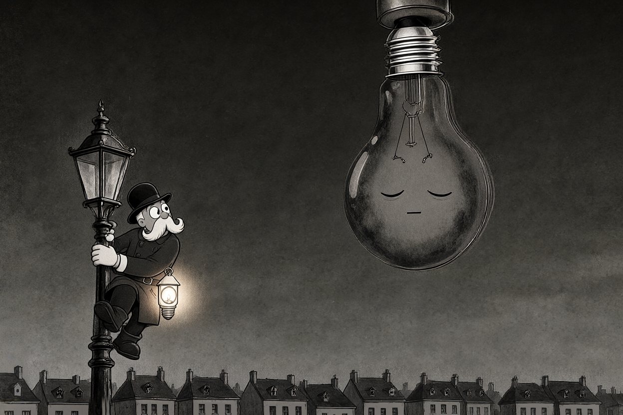 At the top: the moon, a burnt-out lightbulb, screwed into a socket in the sky.