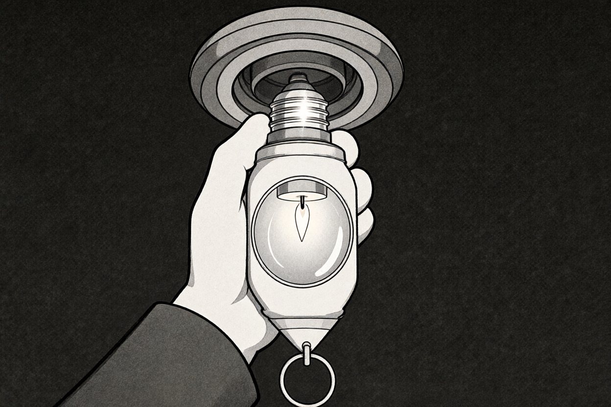 He turns his lantern upside down and screws its thread into the empty socket.