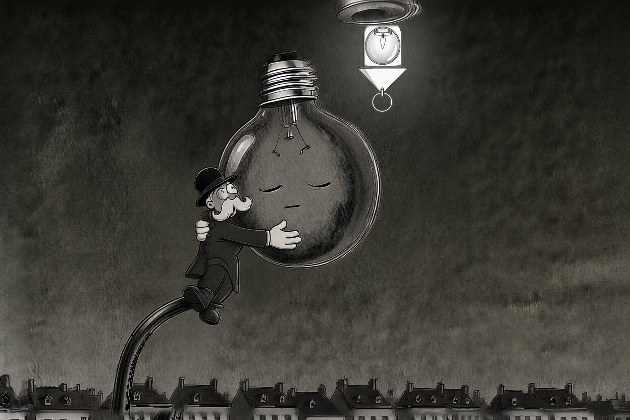 His lantern hangs from the socket, screwed in, small and glowing.