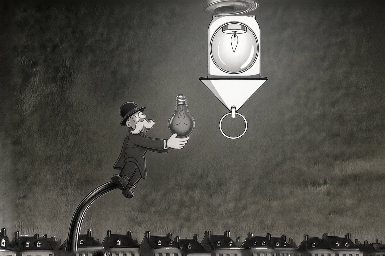The lantern is the new moon, and the town's windows light up. The old moon, small and dark, is in his hand.